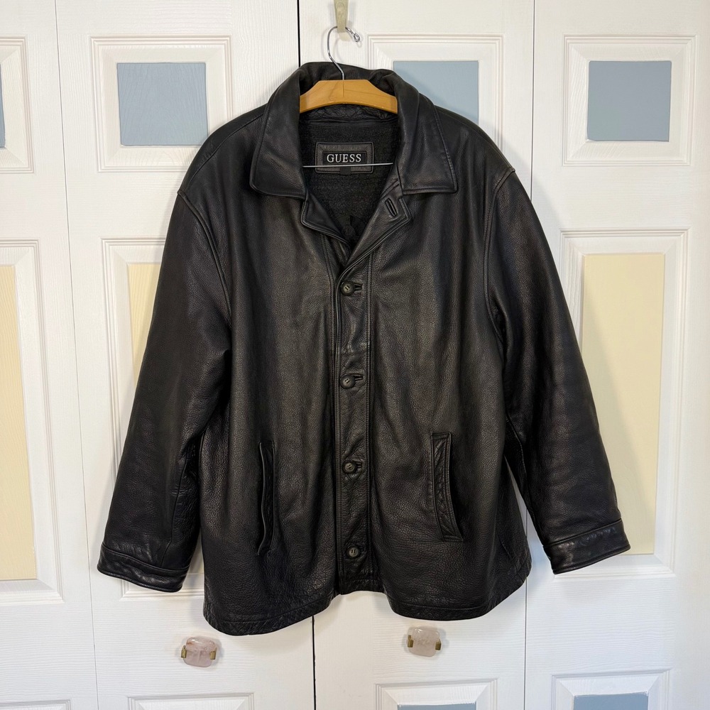 Guess Mens XXL Black Genuine Leather Car Coat Jacket Removable Wool Liner Vtg
